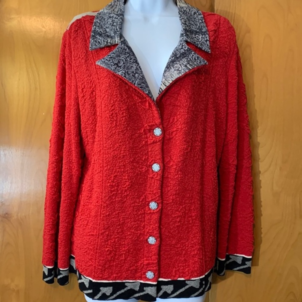 eva & claudi new red textured cardigan jacket with beautiful detailing size XL